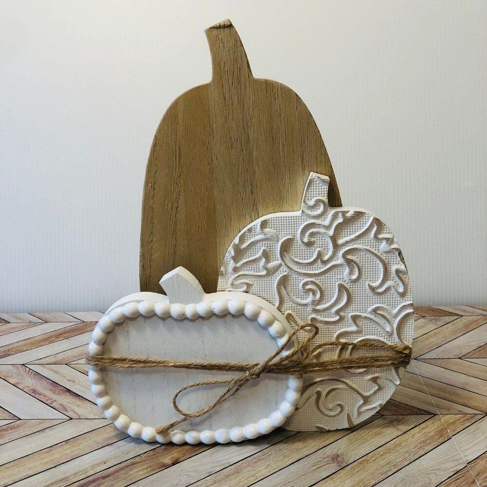 Natural & White Trio Pumpkin Wood Block Décor Fall Thanksgiving Rustic Country